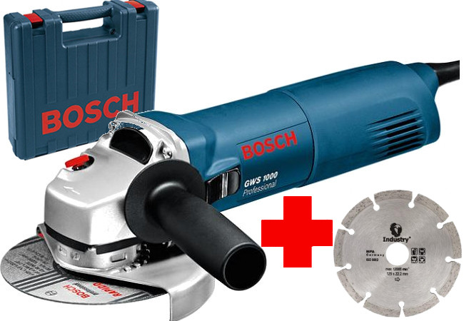 Leņķa slīpmašīna Bosch GWS 1000 + koferis un dimanta griezējdisks
