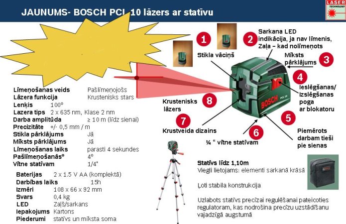 Kruststaru lāzerlīmeņradis Bosch PCL 10 + statīvs
